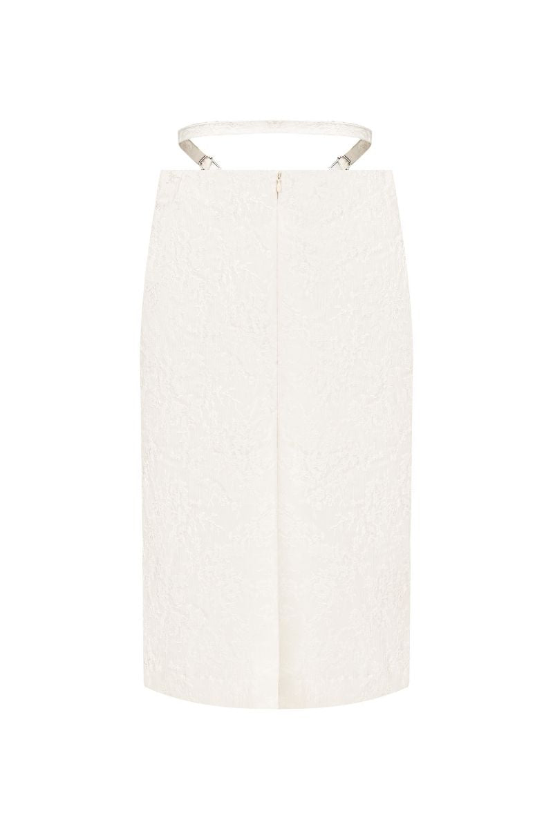 Sean Sheila white pencil skirt with stencil detail, midi length, fitted style, shown from the back.