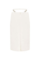 White midi pencil skirt with stencil detail from Sean Sheila, shown from the back with a fitted silhouette.