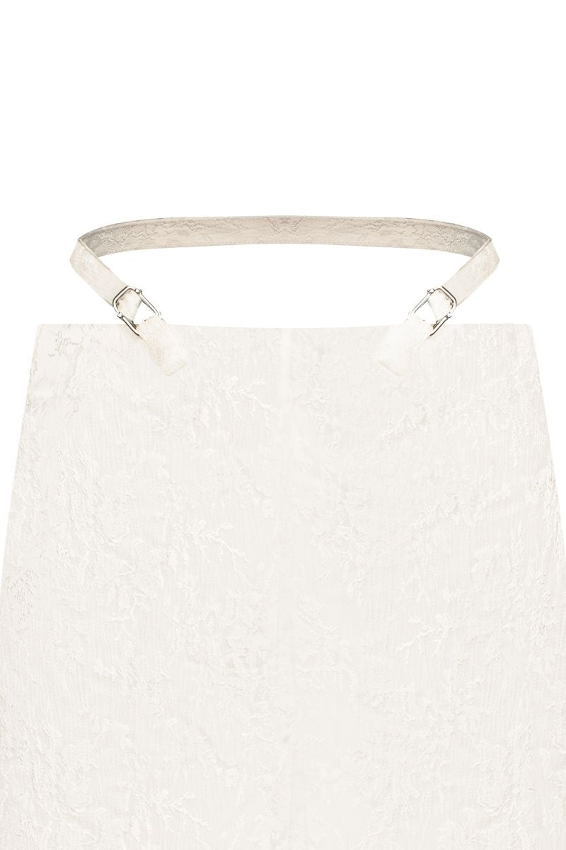 White midi pencil skirt with stencil detail by Sean Sheila, showcasing a fitted silhouette and artistic design.