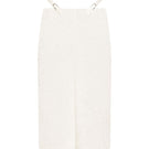 White midi pencil skirt with stencil detail by Sean Sheila, front view showing fitted silhouette and stylish design.