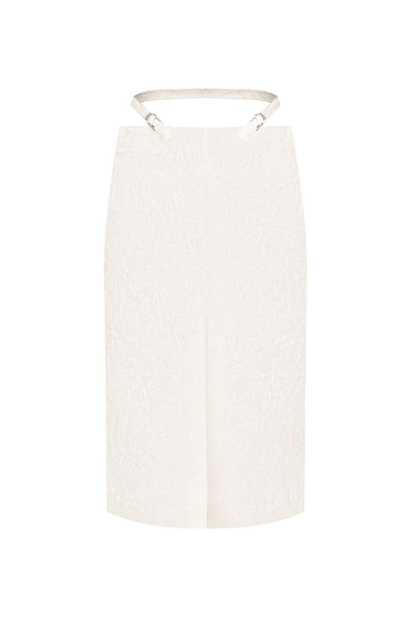 White midi pencil skirt with stencil detail by Sean Sheila, showcasing a fitted silhouette and stylish design.