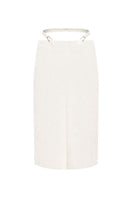 White midi pencil skirt with stencil detail by Sean Sheila, front view showing fitted silhouette and stylish design.