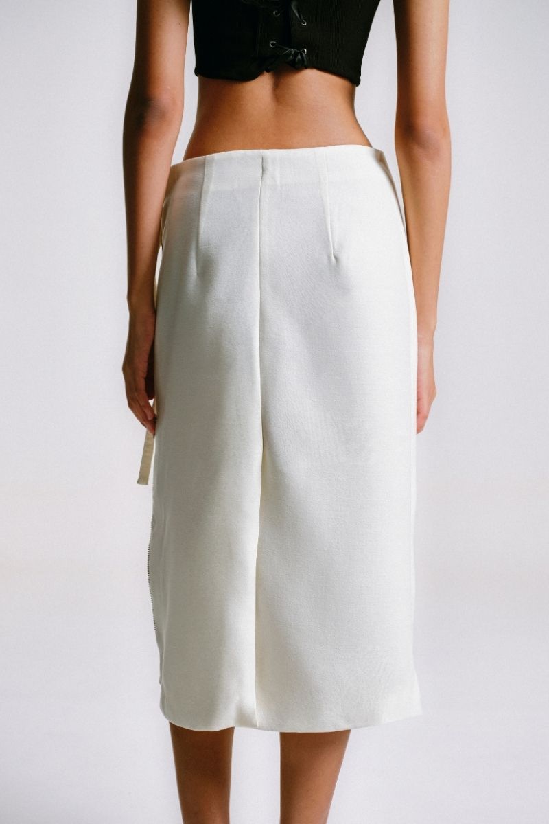 White Sean Sheila pencil skirt with stencil detail, midi length, featuring a fitted silhouette and stylish design, back view.