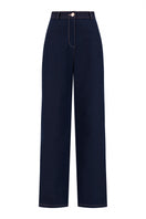 Lili Blanc tailored straight-leg denim trousers with front view, showing classic blue denim fabric and clean stitching.