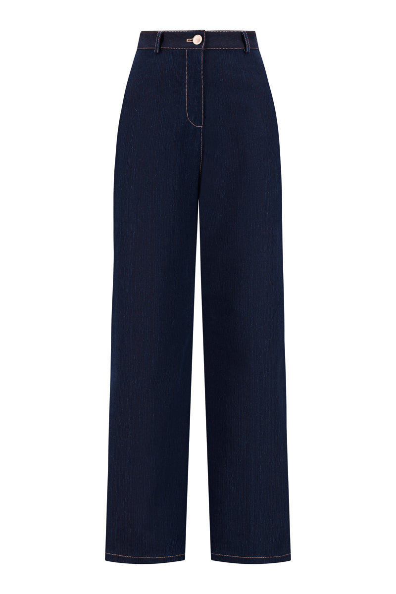 Lili Blanc tailored straight-leg denim trousers with front view, showing classic blue denim fabric and clean stitching.