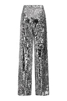 Back view of Lili Blanc sequin high-waist trousers, stylish pants with shimmering sequin details and a high-rise fit.