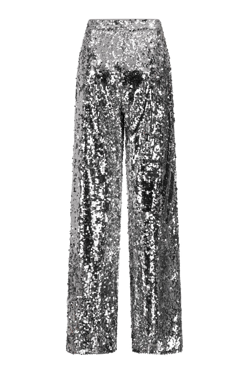 Back view of Lili Blanc sequin high-waist trousers, stylish pants with shimmering sequin details and a high-rise fit.