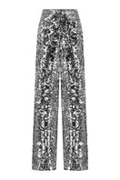 Lili Blanc sequin high-waist trousers, stylish pants with shimmering sequin fabric, front view showing tailored fit and high-rise design.