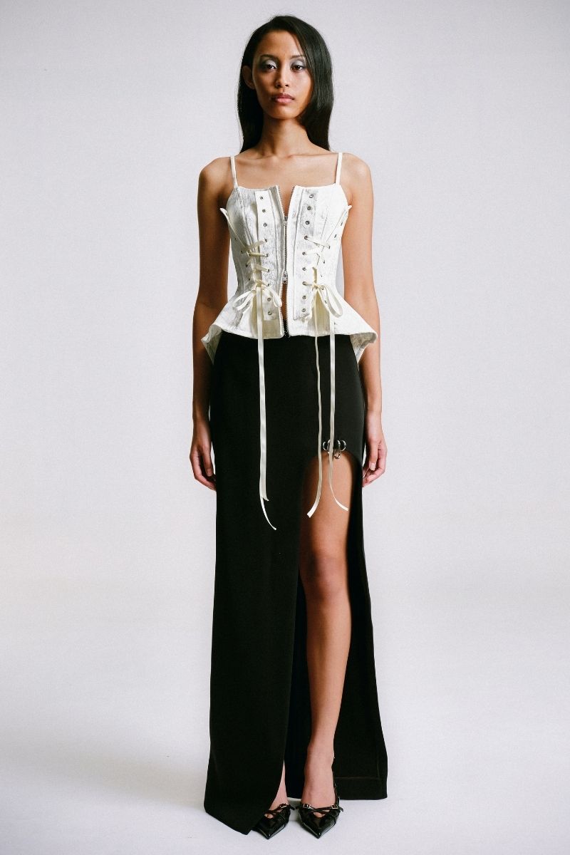 White Sean Sheila deconstructed corset top with structured design, fitted silhouette, and stylish detailing.