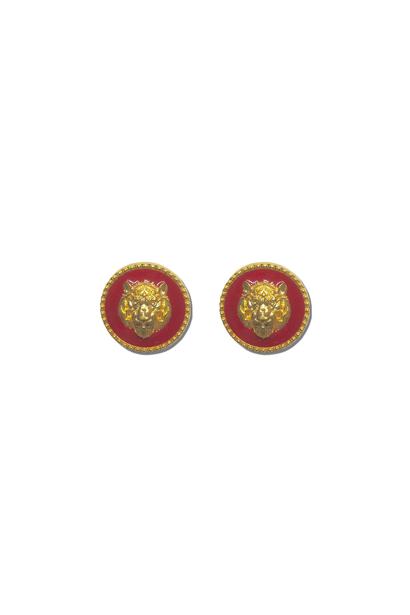 Natia x Lako red lion earrings, stylish dangle earrings with vibrant red lion design, crafted for bold fashion statements.