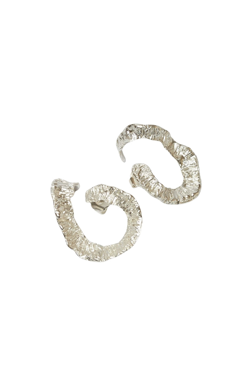 Sara & Flora Luna Hoops earrings featuring crescent moon design with silver finish, stylish and elegant jewelry accessory.