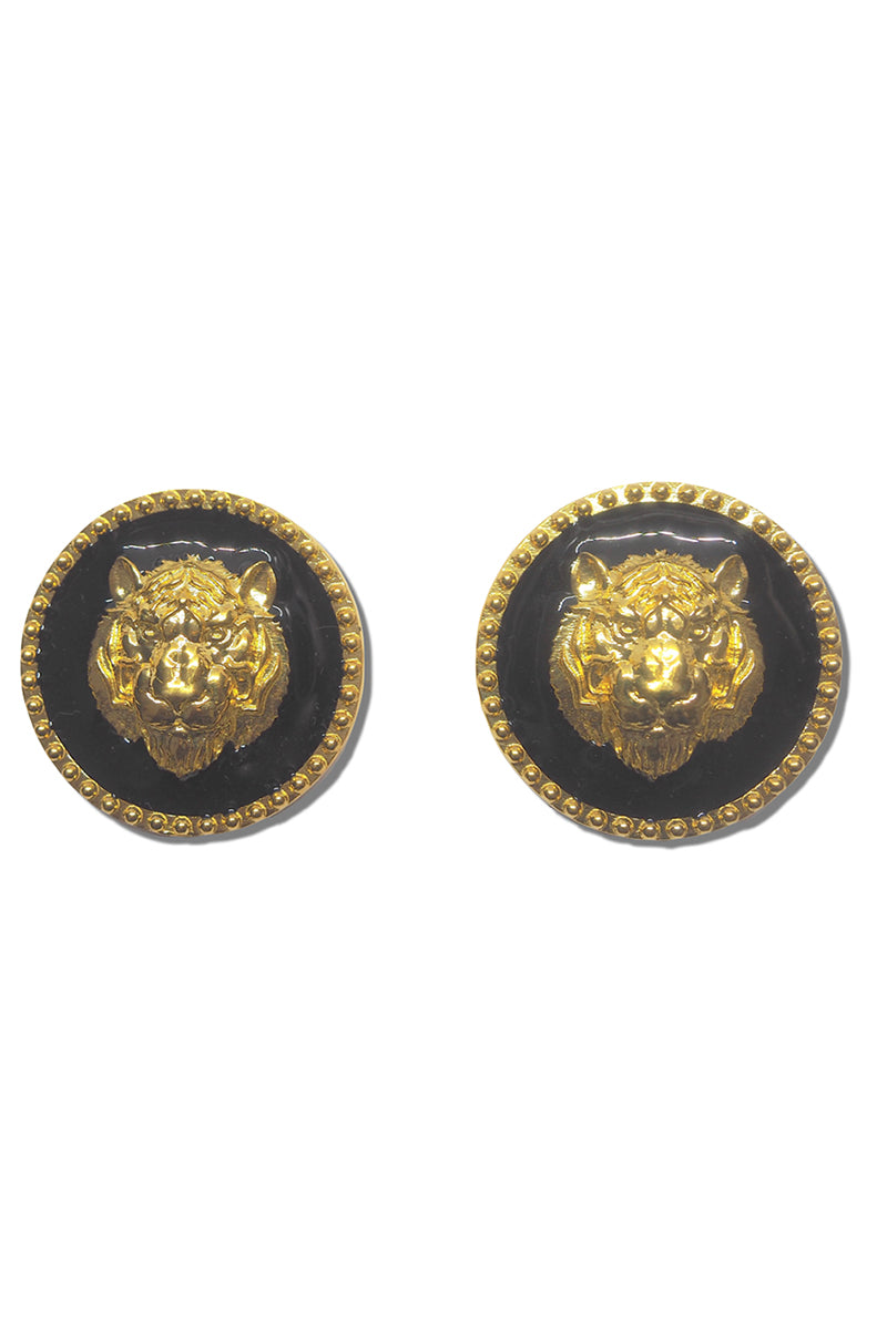 Black lion earrings by Natia x Lako featuring bold, detailed lion designs on stylish earrings.
