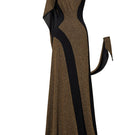 Black and gold glitter Stardust gown by Jenny K Tran featuring a flowing silhouette and elegant design.