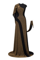 Black and gold glitter Stardust gown by Jenny K Tran featuring a flowing silhouette and elegant design.
