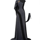 Jenny K Tran Stardust gown in black and silver glitter, elegant evening dress with shimmering details and flowing fabric.