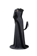Jenny K Tran Stardust gown in black and silver glitter, elegant evening dress with shimmering details and flowing fabric.