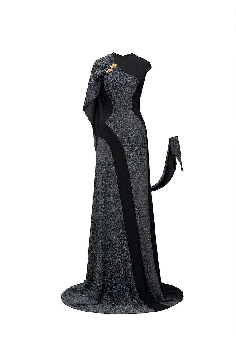 Jenny K Tran Stardust gown in black and silver glitter, elegant evening dress with shimmering details and flowing fabric.