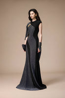 Jenny K Tran Stardust gown in black and silver glitter with a flowing design, perfect for elegant evening events.