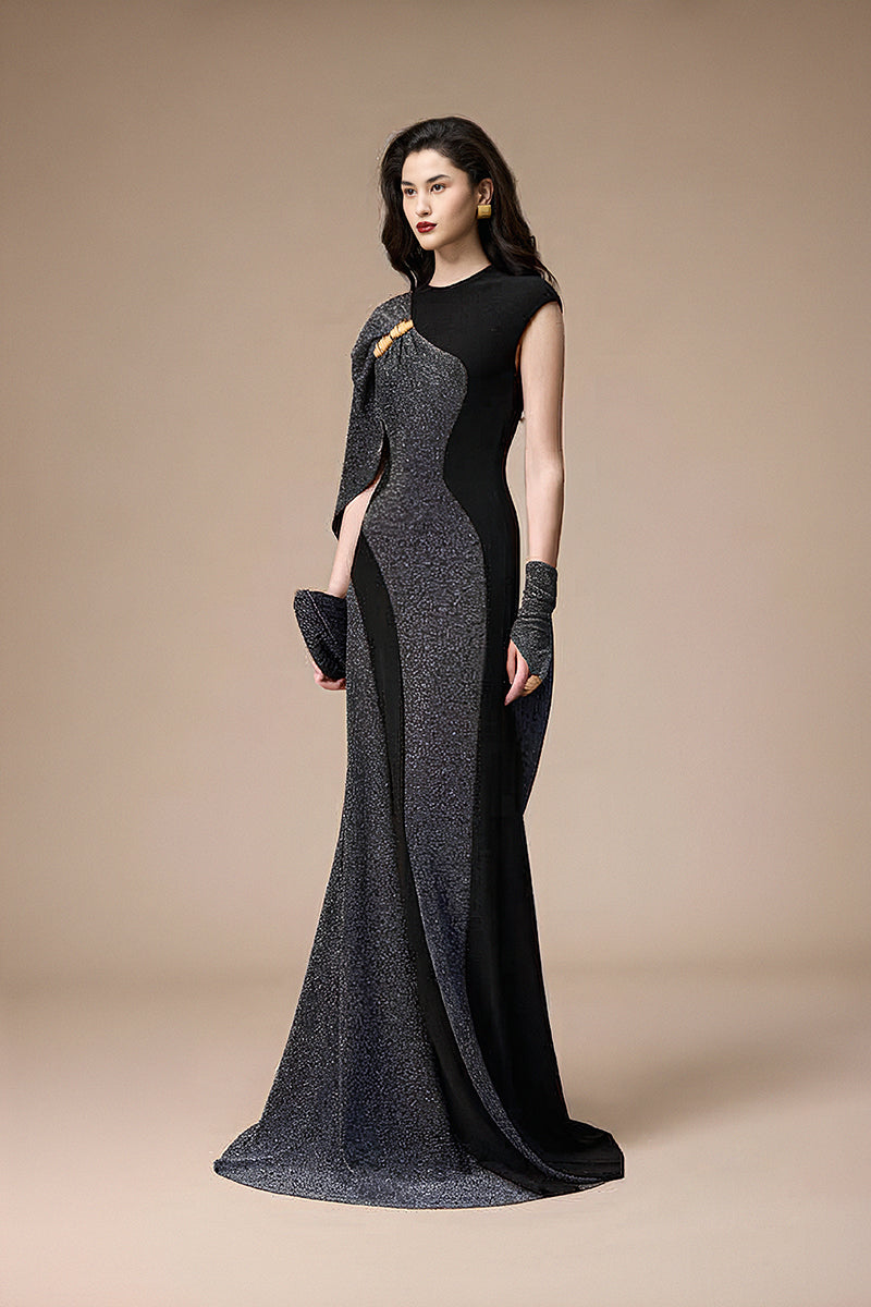 Jenny K Tran Stardust gown in black and silver glitter with a flowing design, perfect for elegant evening events.