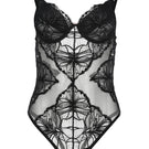 Black Indira bodysuit from Entos lingerie set, featuring sleek, form-fitting design and delicate fabric.