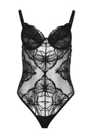 Black Indira bodysuit from Entos lingerie set, featuring sleek, form-fitting design and delicate fabric.