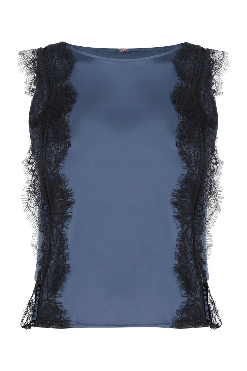 Entos Honore navy blue and black loungewear top displayed on a plain background.