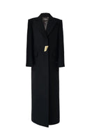 Black Kris Marán straight cut coat with signature buttons, featuring a sleek, tailored design and classic lapel collar.