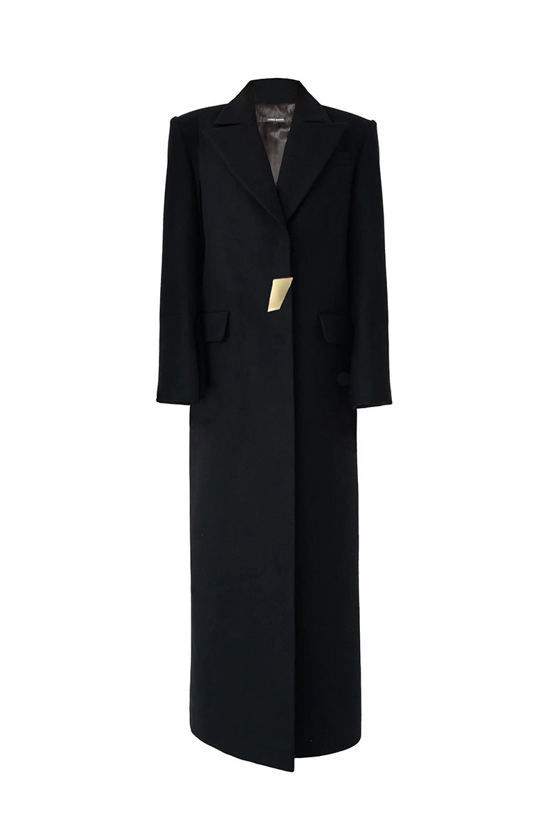 Black Kris Marán straight cut coat with signature buttons, featuring a sleek, tailored design and classic lapel collar.