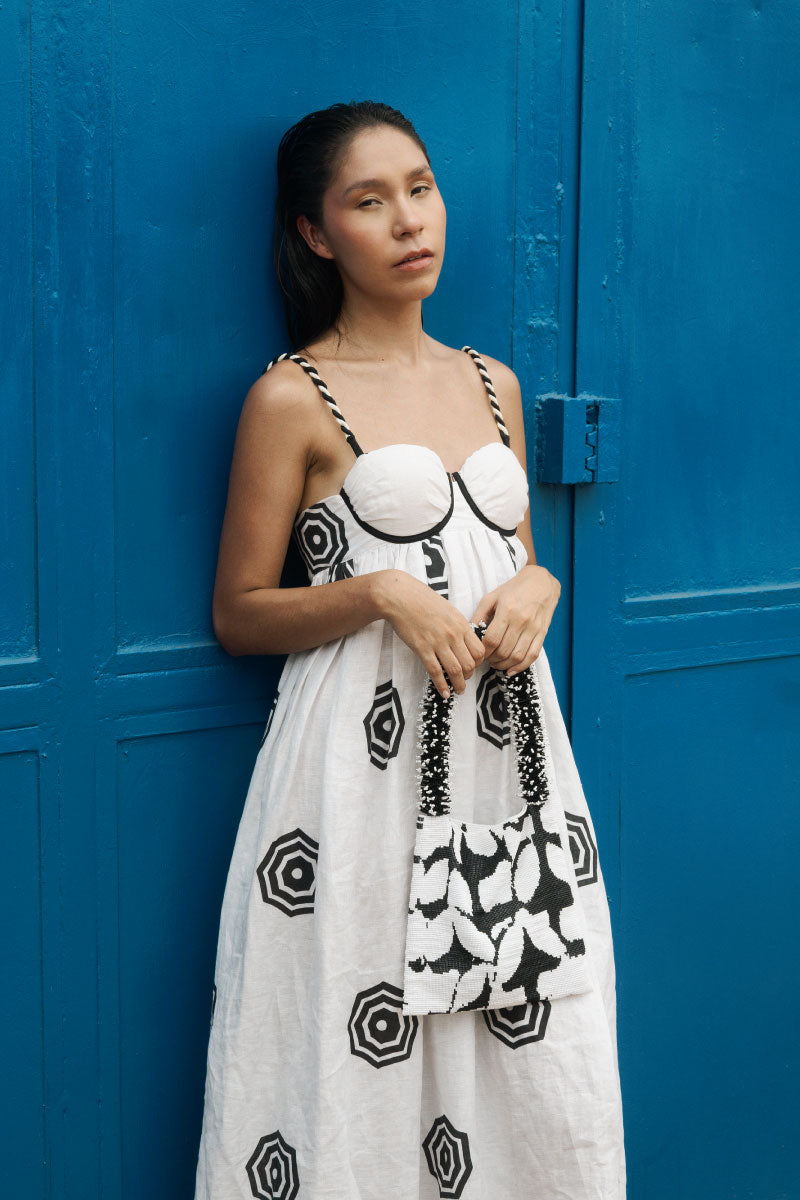 Black and white Clash of Prints shoulder bag by SAC DE SOUL, featuring bold, graphic patterns and a stylish, structured design.