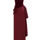 Moon Hakaan Yildirim SULE gown in deep burgundy and wine, elegant long dress with flowing fabric and sophisticated design.