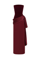 Moon Hakaan Yildirim SULE gown in deep burgundy and wine, elegant long dress with flowing fabric and sophisticated design.