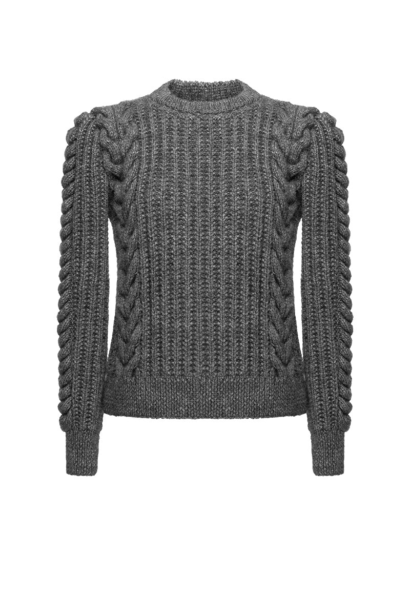 Liya grey Heritage sweater with a cozy knit texture, long sleeves, and a classic crew neckline.