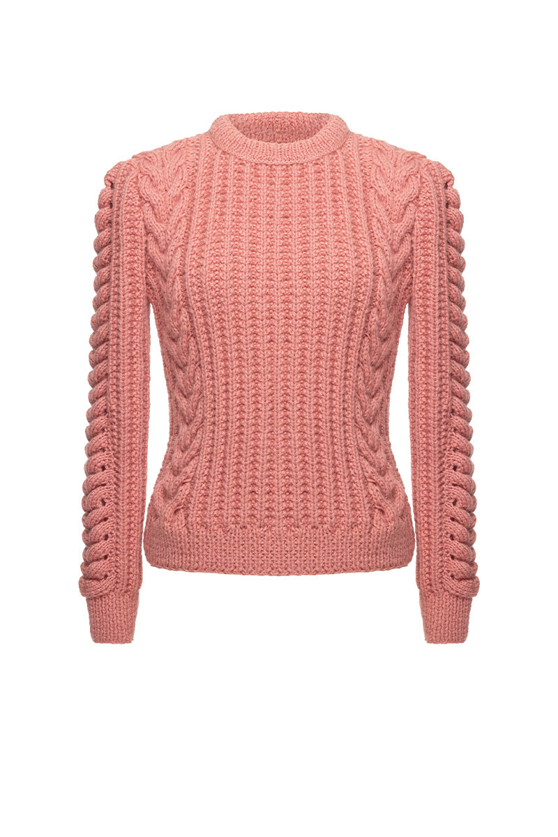 Liya Pink Heritage sweater featuring a cozy knit design and ribbed cuffs, ideal for stylish winter wear.