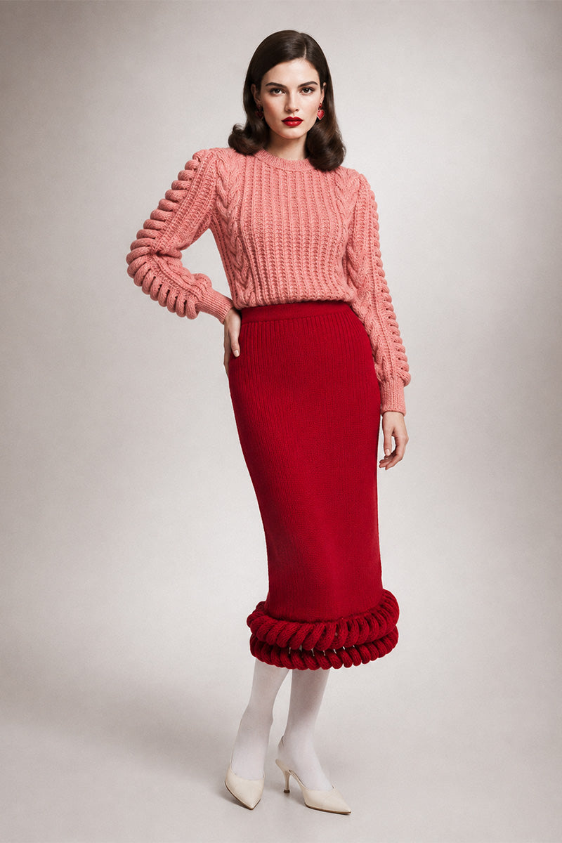 Liya Pink Heritage Sweater with cozy knit texture and ribbed cuffs, front view showing stylish and comfortable design.