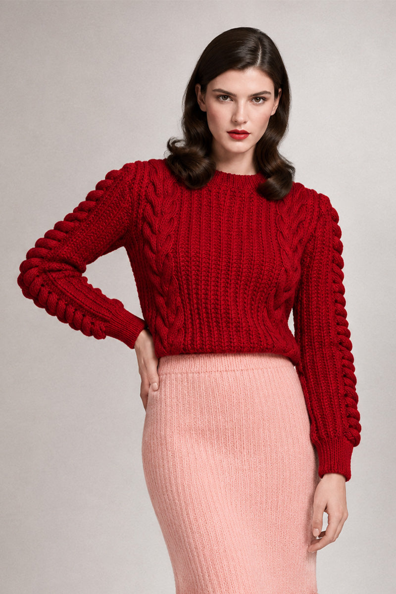 Liya red heritage sweater with a cozy knit design, long sleeves, and a classic crew neckline, ideal for casual wear.