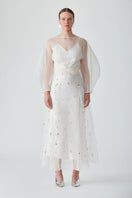 Mastani Roohi Organza Top and Freya Embellished Skirt set, elegant co-ords with intricate details and flowing fabric.