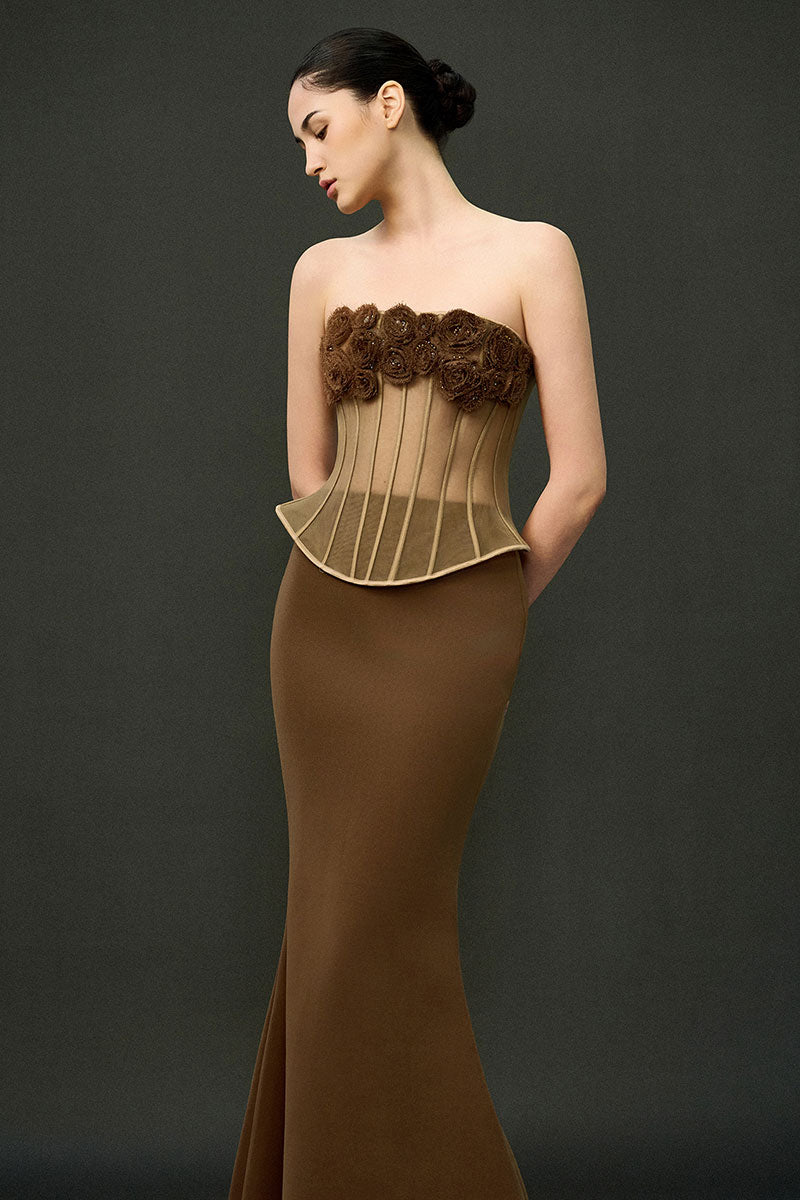 Brown EEGEN STUDIO Sahara Set gown with flowing fabric and elegant design, showcasing a stylish and comfortable look.