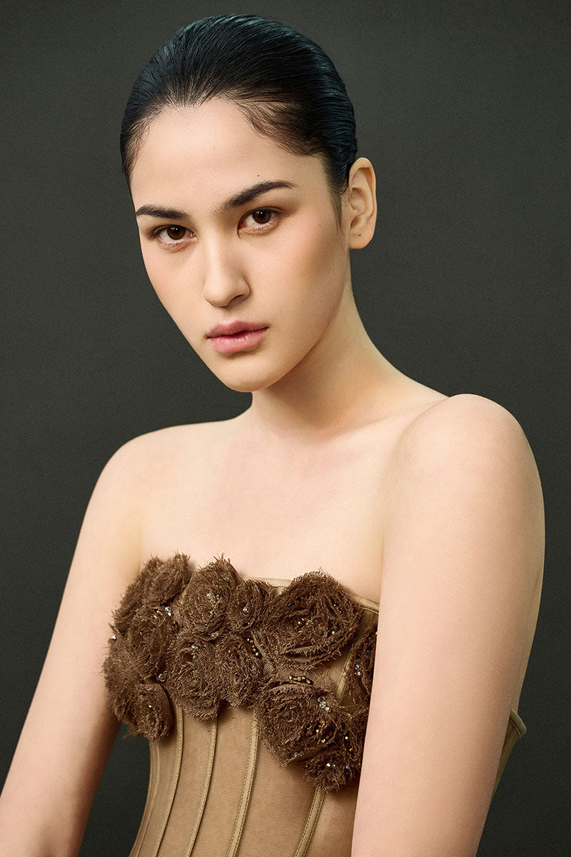 Brown EEGEN STUDIO Sahara gown from the Sahara set, featuring elegant fabric and intricate design details.