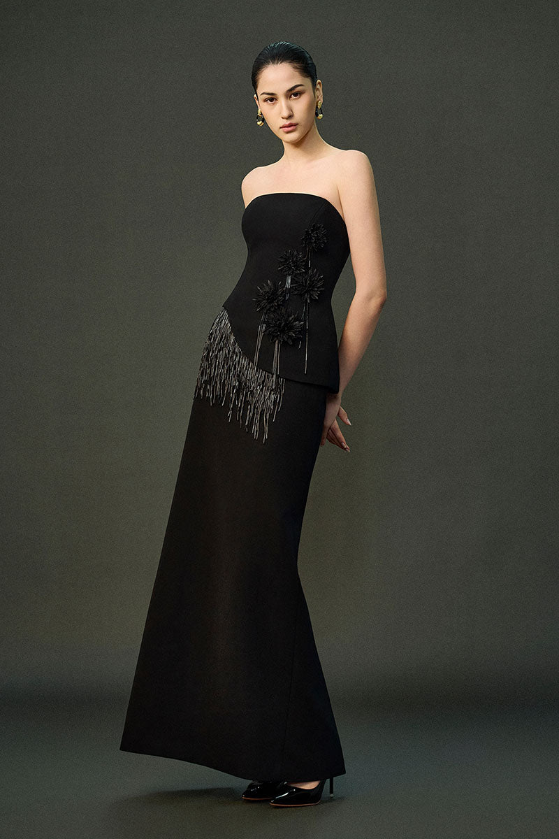 Black EEGEN STUDIO MAYSA SET gown with elegant design, featuring a flowing silhouette and detailed fabric.
