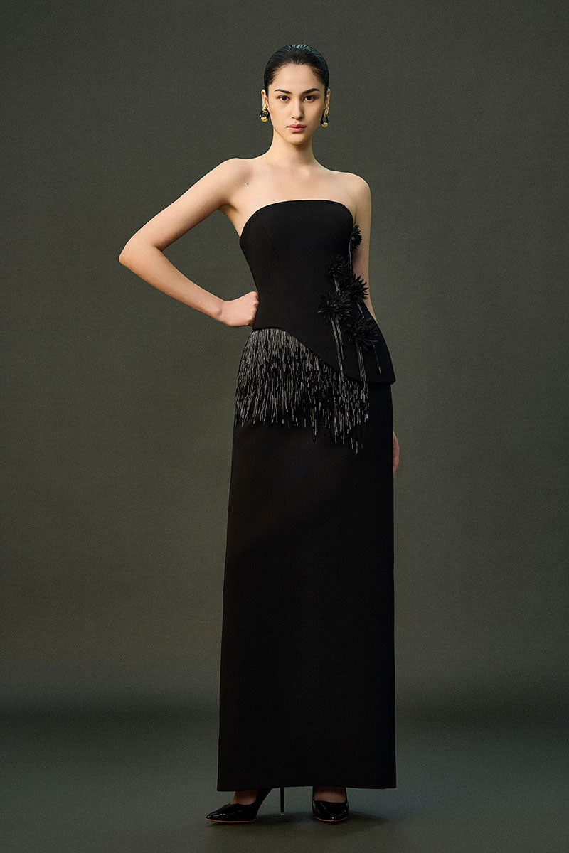 Black MAYSA SET gown by EEGEN STUDIO, featuring elegant fabric and modern design, displayed on a mannequin.
