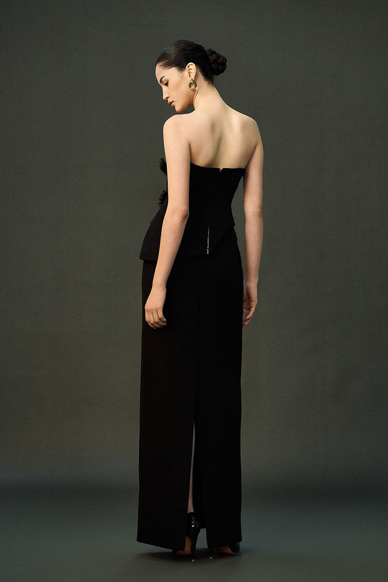 Black EEGEN STUDIO MAYSA gown from the set, featuring elegant fabric and a flattering silhouette, perfect for formal occasions.