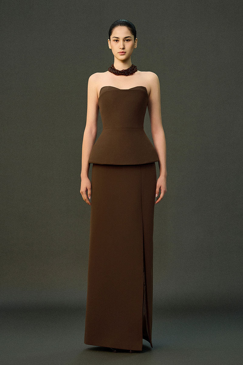 Mocha brown Zahra gown from EEGEN STUDIO's ZAHRA SET collection, featuring elegant flowing fabric and a stylish design.
