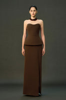 Mocha brown Zahra gown from EEGEN STUDIO's ZAHRA SET collection, featuring elegant flowing fabric and a stylish design.