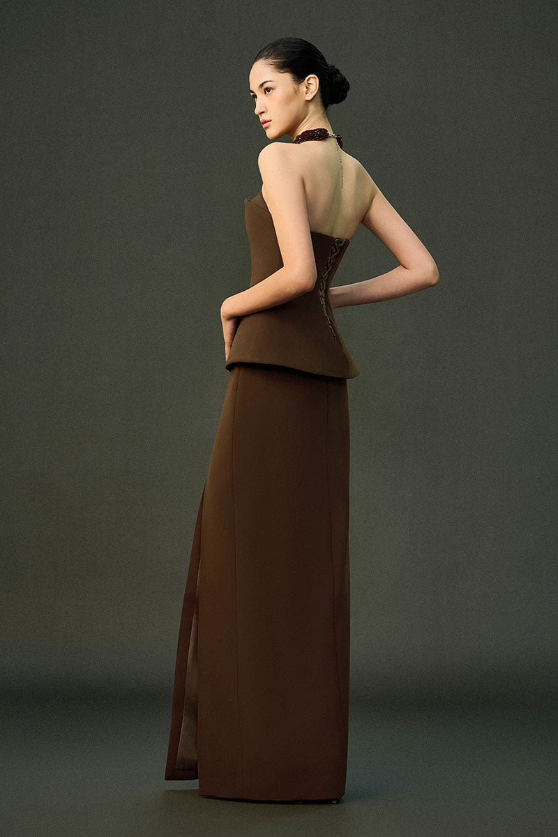 Mocha brown gown from the ZAHRA SET by EEGEN STUDIO, featuring elegant, flowing fabric and a sophisticated design.