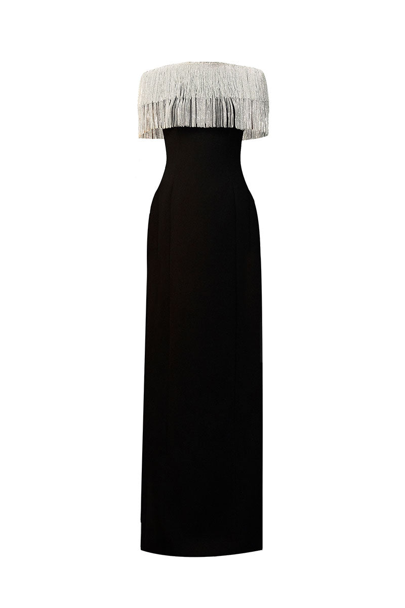 Black sable gown by EEGEN STUDIO featuring elegant, flowing fabric and a sophisticated design.
