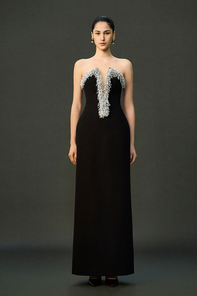 Black AZRA gown by EEGEN STUDIO, featuring elegant fabric and detailed design, showcased on a model.