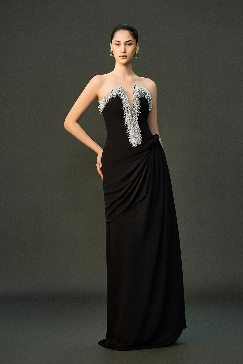 Black AZRA gown by EEGEN STUDIO with flowing fabric and elegant design, shown on a model.