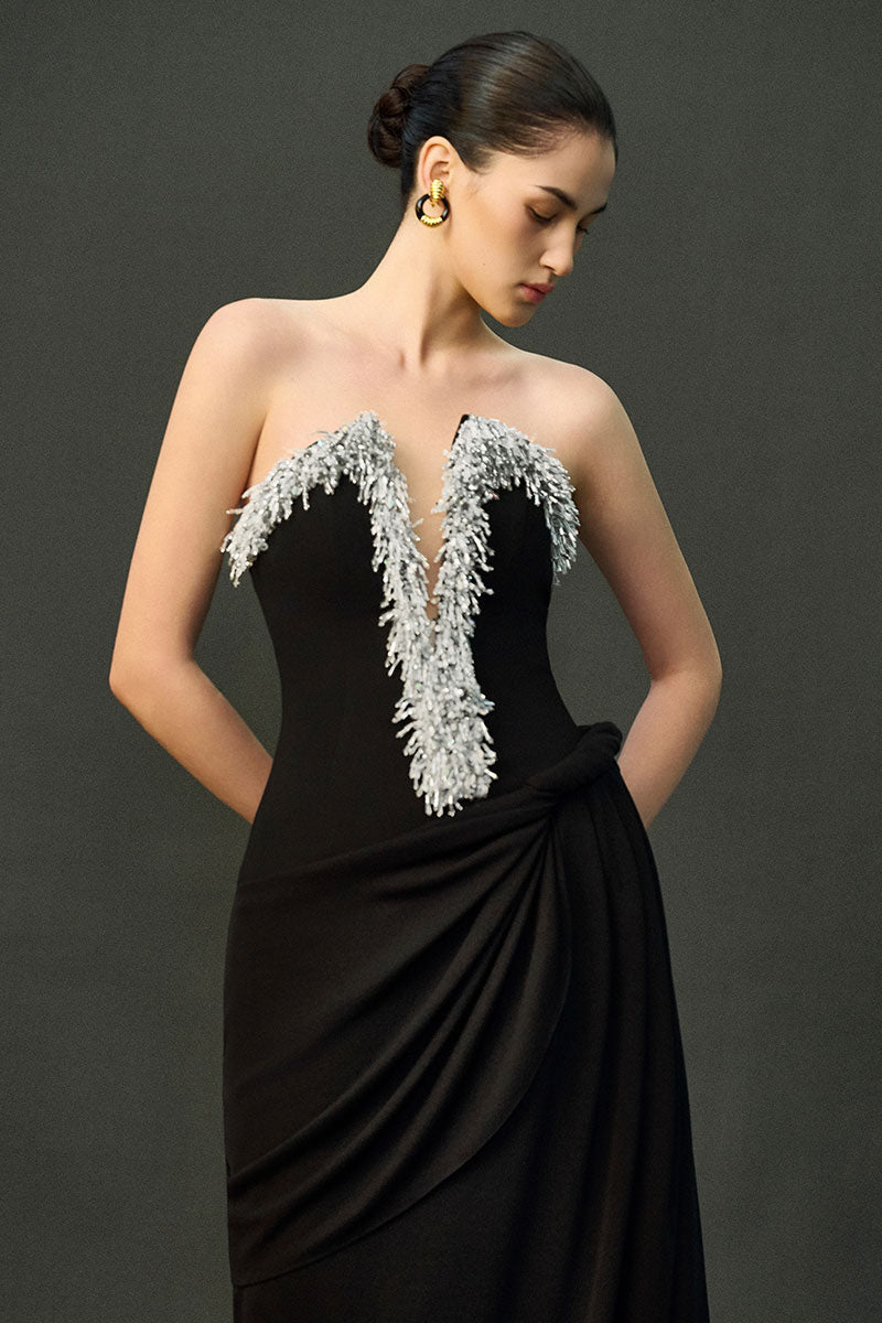 Black AZRA gown by EEGEN STUDIO, featuring elegant fabric and stylish design, perfect for formal occasions.