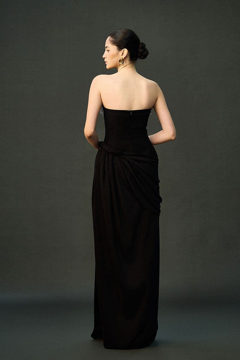 Black AZRA gown by EEGEN STUDIO featuring elegant fabric and a flowing silhouette, perfect for formal occasions.