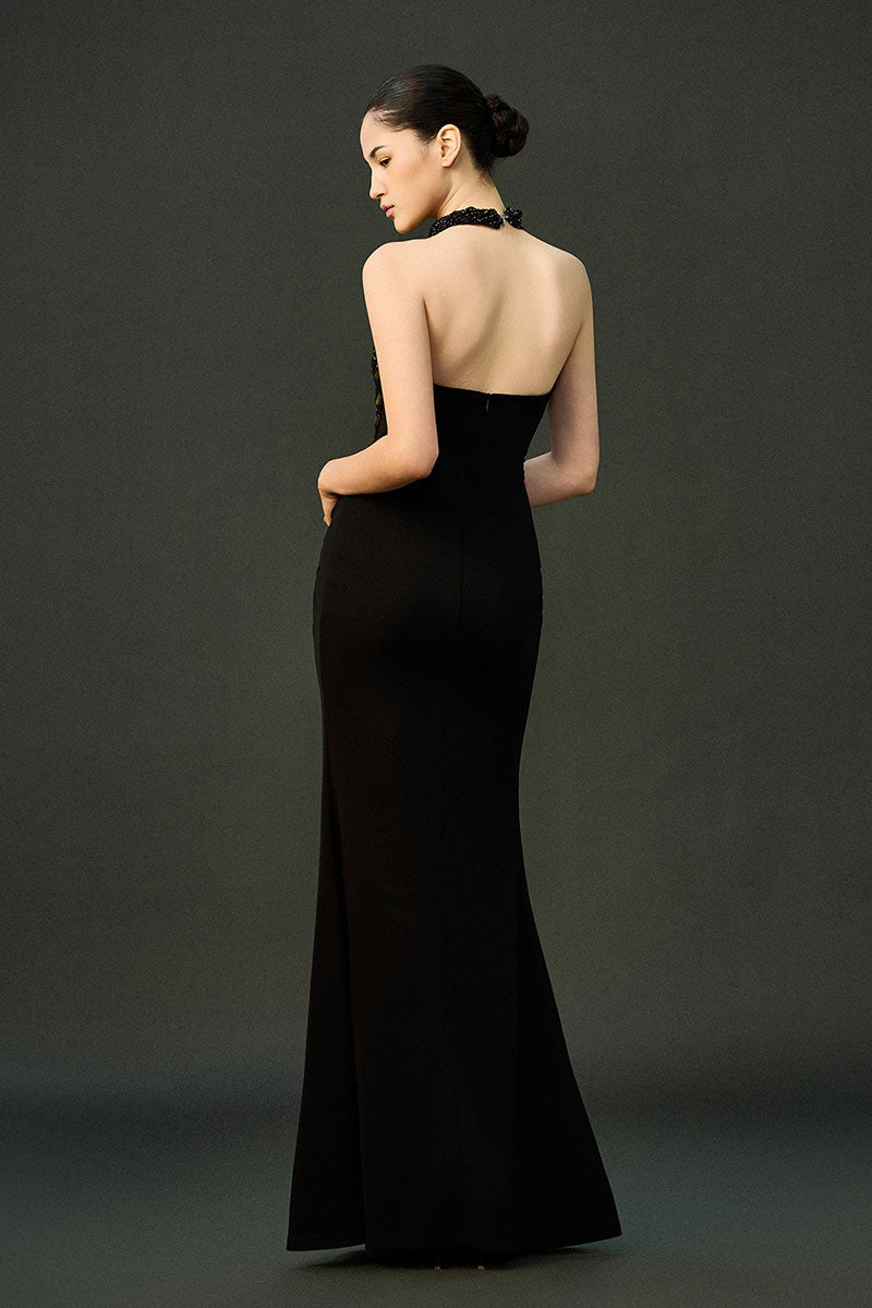 Black ADA gown by EEGEN STUDIO, elegant evening dress with flowing fabric and sophisticated design.